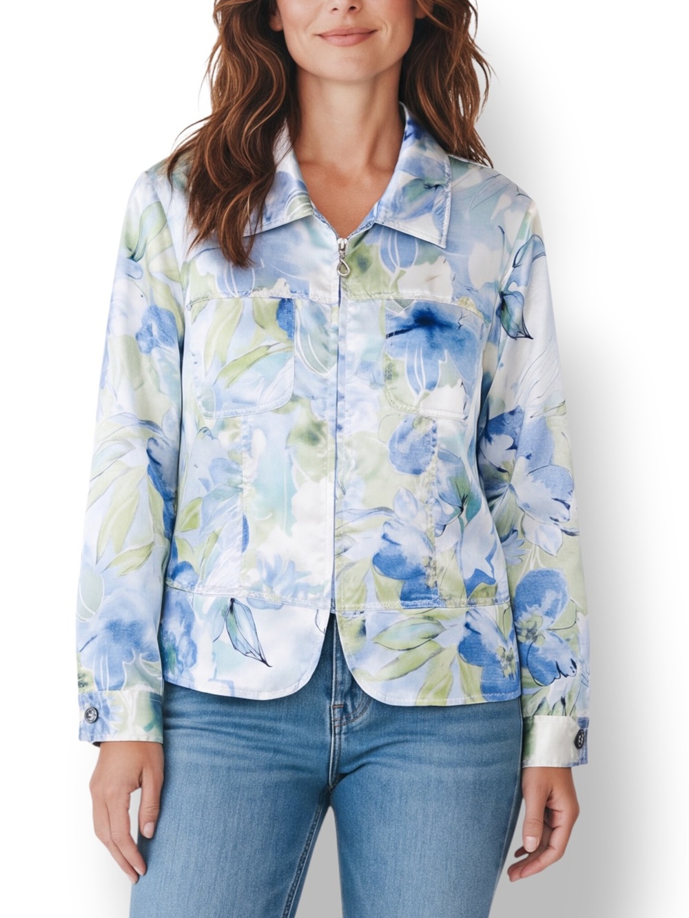 4/$20 Draper’s & Damon’s Petite Medium Blue Floral Satin Zip Front Jacket
